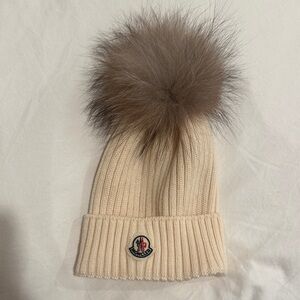 Moncler Ivory Knit Hat with Brown Fur Pom